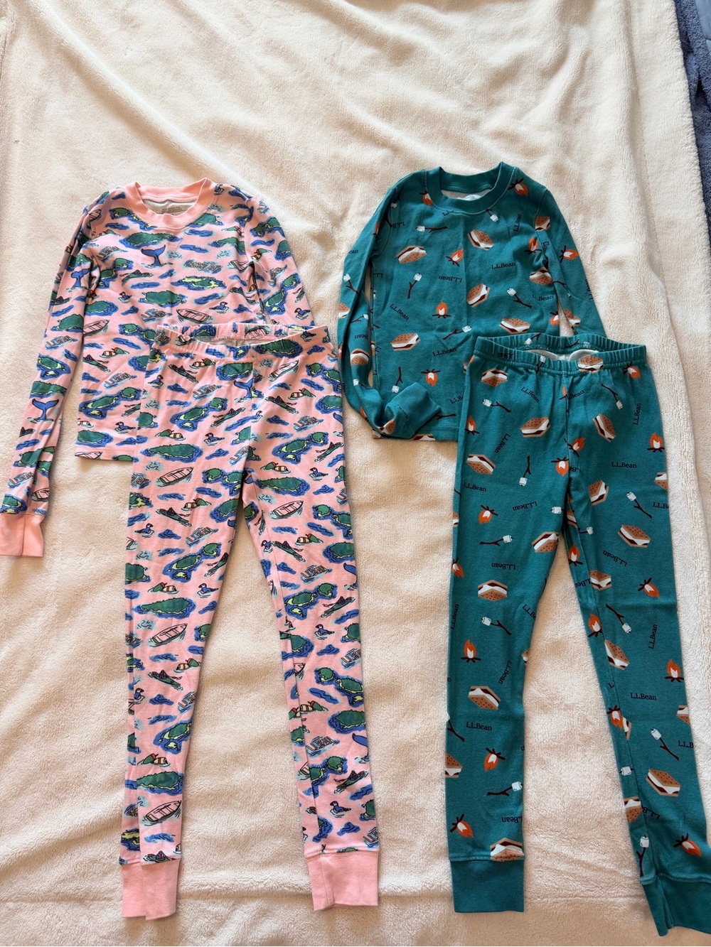 L.L. Bean Girls Pink Crocodile Print & Teal Boat-Print Two-Piece Pajama Sets